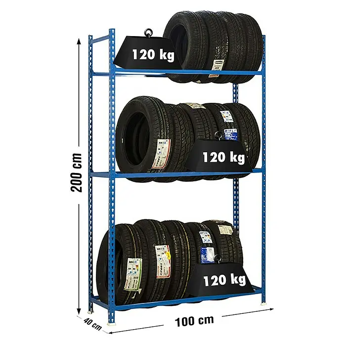 Simonrack Simonauto Metall-Reifenregal Autoclick - L x B x H: 40 x 100 x 200 cm, Traglast: 90 kg/Boden, Anzahl Böden: 3 Stk., Blau - Skizze