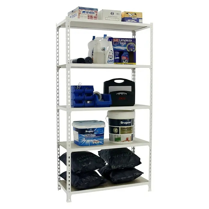 Simonrack Maderclick Estantería metálica Superplus - L x An x Al: 50 x 110 x 200 cm, Capacidad de carga: 200 kg/balda, Número de baldas: 5 ud., Inserción, Blanco - Producto en uso