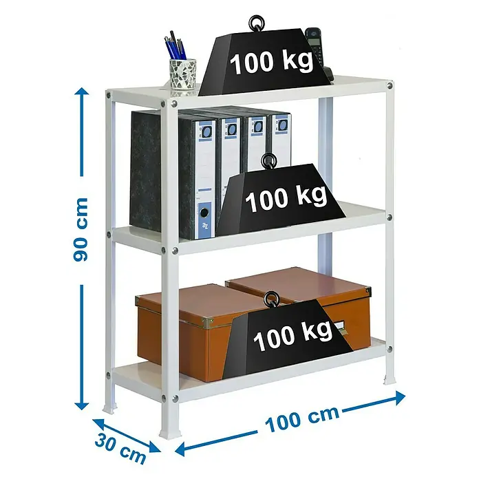 Simonrack Homeclassic Metallregal - L x B x H: 30 x 100 x 90 cm, Traglast: 100 kg/Boden, Anzahl Böden: 3 Stk., Schrauben, Weiß - Skizze