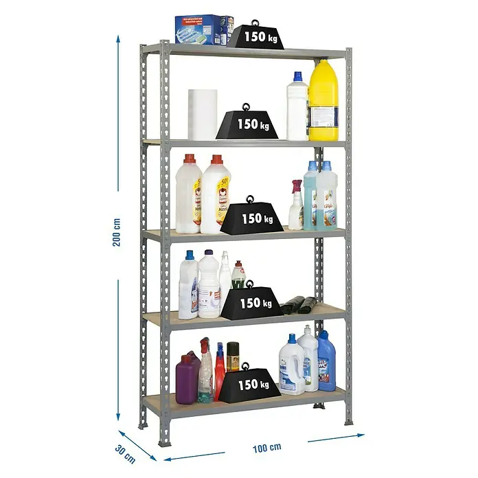 Simonrack Maderclick Metallregal Plus - L x B x H: 30 x 100 x 200 cm, Traglast: 150 kg/Boden, Anzahl Böden: 5 Stk., Stecken, Grau - Skizze