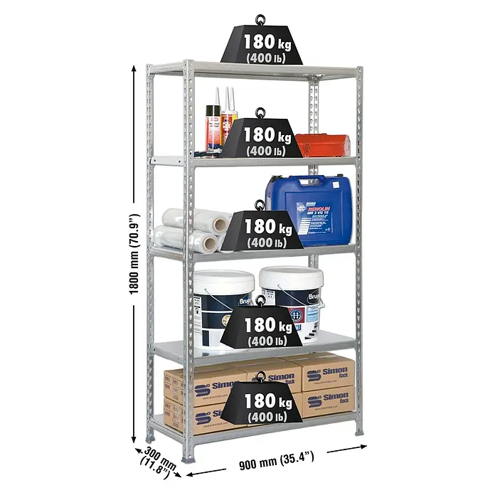 Simonrack Simonclick Metallregal - L x B x H: 30 x 90 x 180 cm, Traglast: 180 kg/Boden, Anzahl Böden: 5 Stk., Stecken, Grau - Skizze