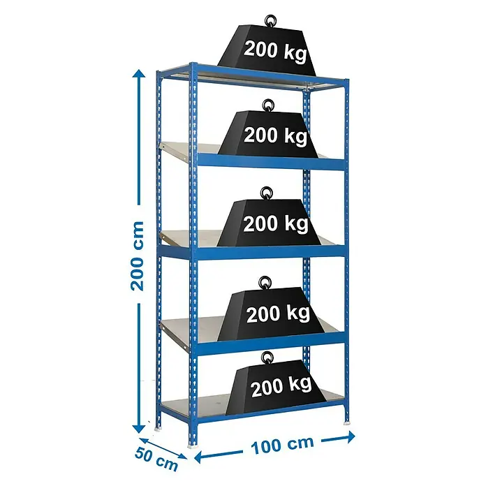 Simonrack Simonclick Metallregal Simonexpo - L x B x H: 50 x 100 x 200 cm, Traglast: 200 kg/Boden, Anzahl Böden: 5 Stk., Montageart: Stecken, Blau - Skizze