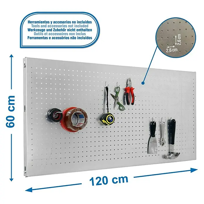 Simonrack Panelclick Panel perforado con 8 ganchos - L x An: 120 x 60 cm, Galvanizado - Dibujo técnico