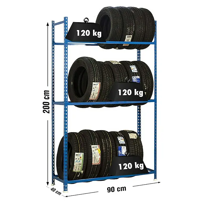 Simonrack Simonauto Metall-Reifenregal Autoclick - L x B x H: 40 x 90 x 200 cm, Traglast: 90 kg/Boden, Anzahl Böden: 3 Stk., Blau - Skizze