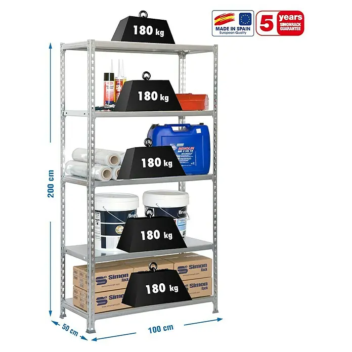 Simonrack Simonclick Metallregal Plus - L x B x H: 50 x 100 x 200 cm, Traglast: 180 kg/Boden, Anzahl Böden: 5 Stk., Stecken, Grau - Skizze