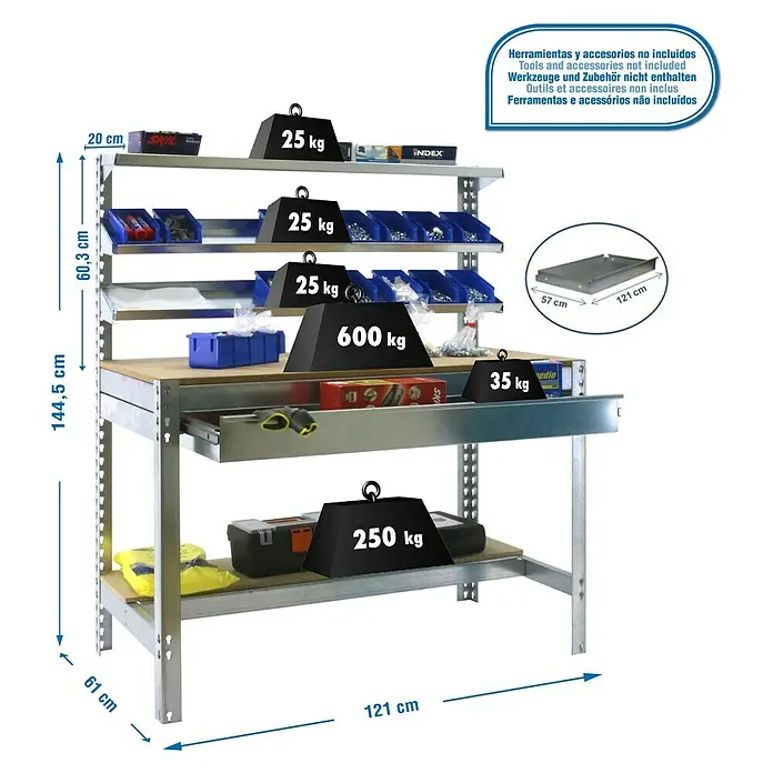 Simonrack Simonwork Banco de trabajo BT1 Box - L x An x Al: 61 x 121 x 144,5 cm, Número de cajones: 1 ud., Galvanizado - Dibujo técnico