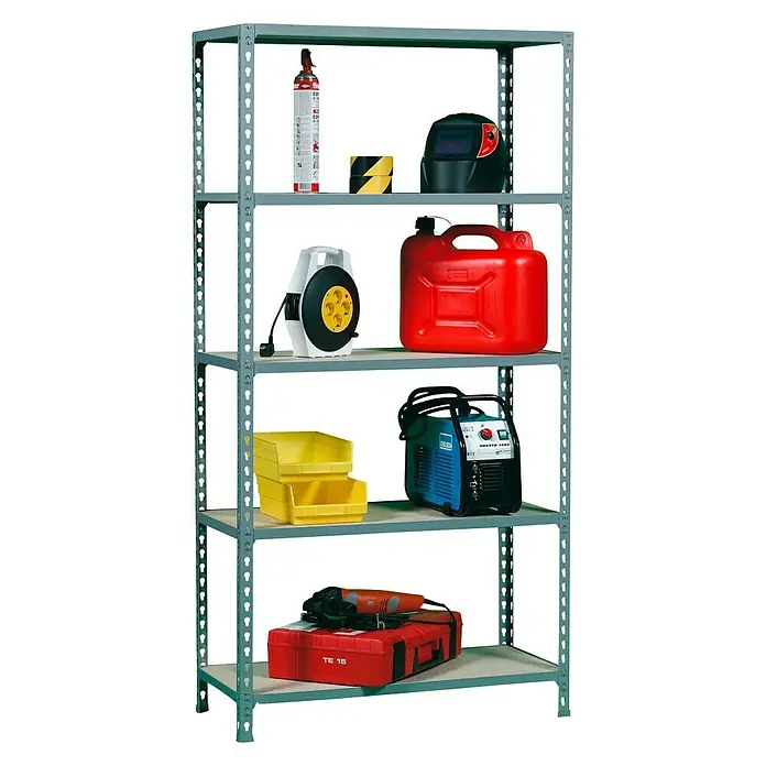 Simonrack Maderclick Metallregal Super Plus - L x B x H: 50 x 110 x 200 cm, Traglast: 150 kg/Boden, Anzahl Böden: 5 Stk., Stecken, Grau - Diagonale Ansicht