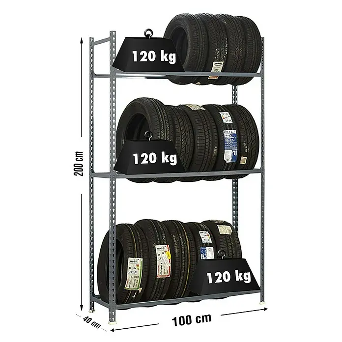 Simonrack Simonauto Metall-Reifenregal Autoclick - L x B x H: 40 x 100 x 200 cm, Traglast: 90 kg/Boden, Anzahl Böden: 3 Stk., Grau - Skizze