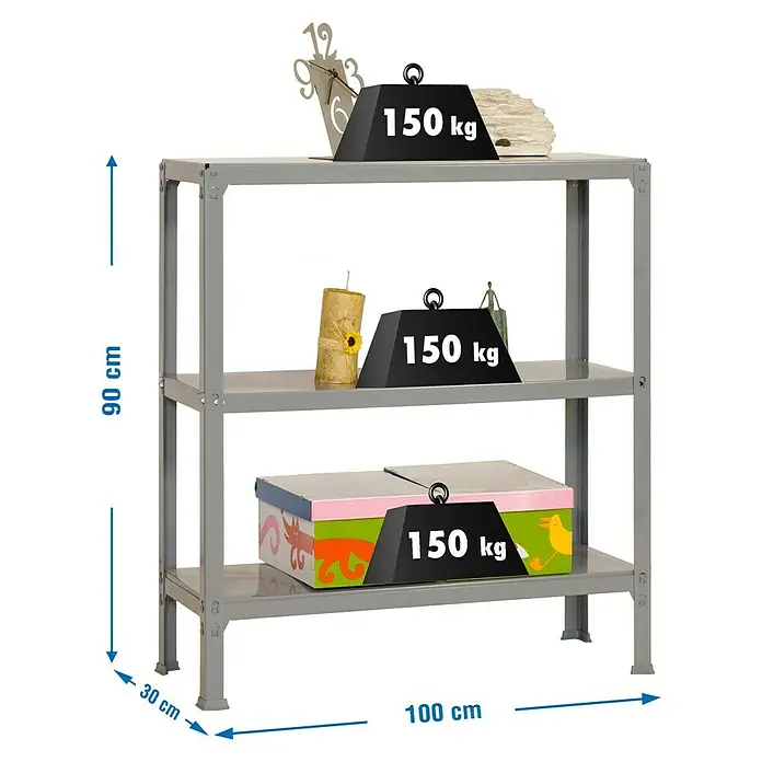Simonrack Homeclick Metallregal Plus - L x B x H: 30 x 100 x 90 cm, Traglast: 150 kg/Boden, Anzahl Böden: 3 Stk., Stecken, Grau - Skizze