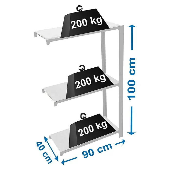 Simonrack Simonoffice Aktenregal Anbauelement - L x B x H: 40 x 90 x 100 cm, Traglast: 200 kg/Boden, Anzahl Böden: 3 Stk., Grau - Skizze