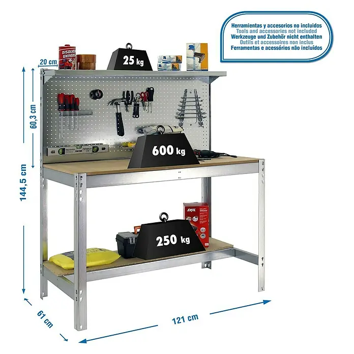 Simonrack Simonwork Banco de trabajo BT3 - L x An x Al: 61 x 121 x 144,5 cm, Número de cajones: 0 ud., Galvanizado - Dibujo técnico