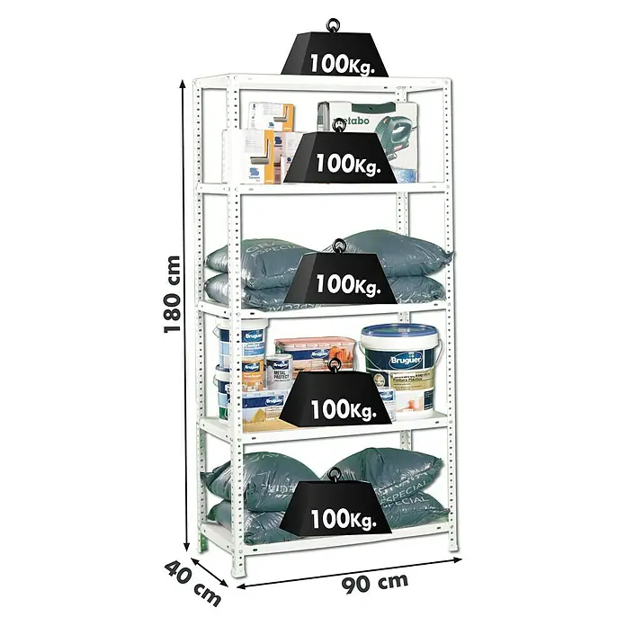 Simonrack Comfort Metallregal - L x B x H: 40 x 90 x 180 cm, Traglast: 100 kg/Boden, Anzahl Böden: 5 Stk., Schrauben, Weiß - Skizze