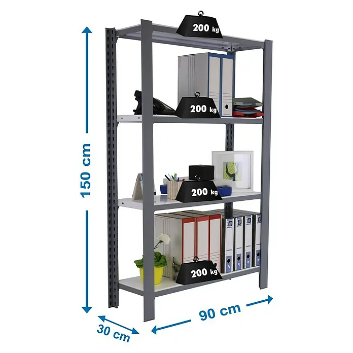 Simonrack Simonoffice Aktenregal Grundelement - L x B x H: 30 x 90 x 150 cm, Traglast: 200 kg/Boden, Anzahl Böden: 4 Stk., Grau - Skizze