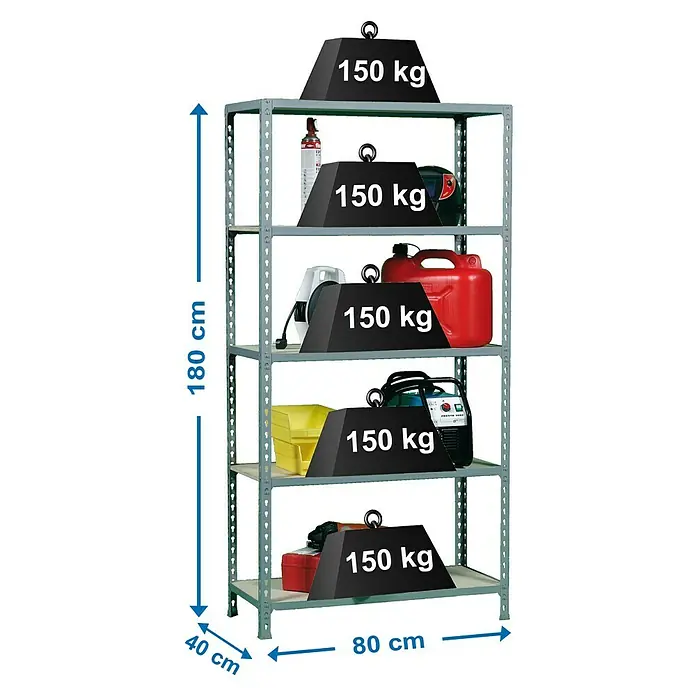Simonrack Maderclick Metallregal Mini - L x B x H: 40 x 80 x 180 cm, Traglast: 150 kg/Boden, Anzahl Böden: 5 Stk., Grau - Skizze