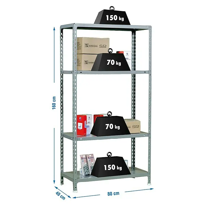 Simonrack Simonclick Metallregal - L x B x H: 40 x 80 x 160 cm, Traglast: 150 kg/Boden, Anzahl Böden: 4 Stk., Stecken, Grau - Skizze
