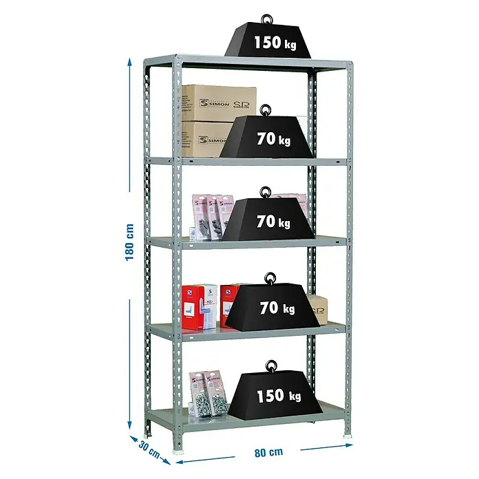Simonrack Simonclick Metallregal - L x B x H: 30 x 80 x 180 cm, Traglast: 150 kg/Boden, Anzahl Böden: 5 Stk., Stecken, Grau - Skizze