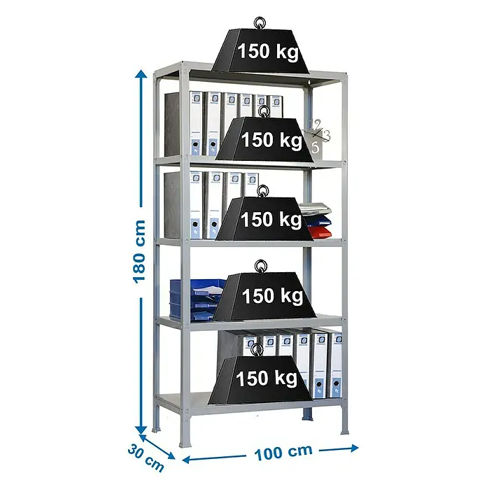 Simonrack Homeclick Metallregal Plus - L x B x H: 30 x 100 x 180 cm, Traglast: 150 kg/Boden, Anzahl Böden: 5 Stk., Stecken, Grau - Skizze