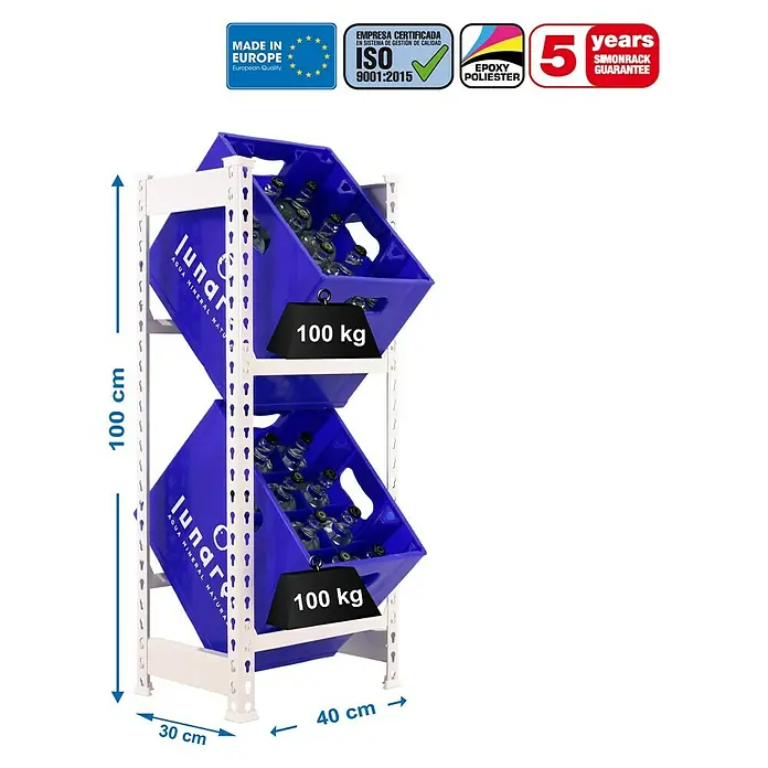 Simonrack Simonbottle Metall-Getränkekistenregal Bottleclick - L x B x H: 30 x 40 x 100 cm, Traglast: 100 kg/Boden, Anzahl Böden: 3 Stk., Weiß - Skizze
