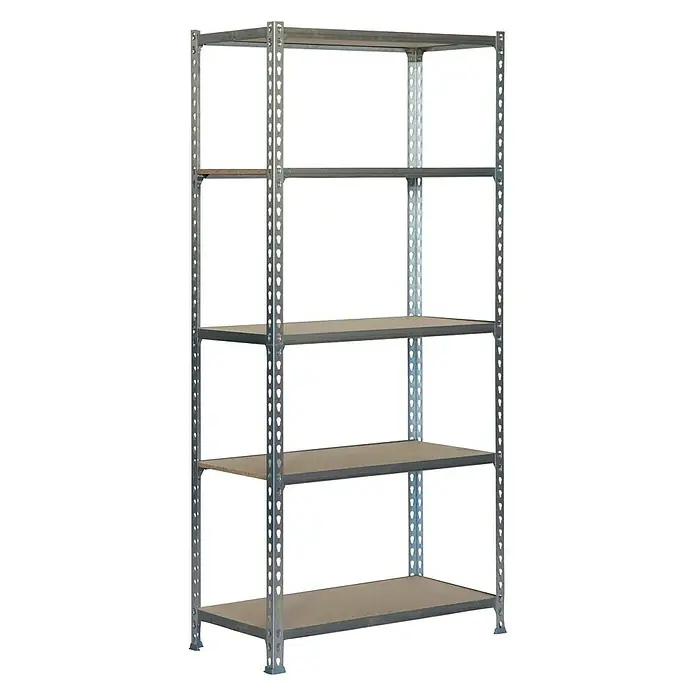 Simonrack Maderclick Metallregal - L x B x H: 40 x 90 x 180 cm, Traglast: 150 kg/Boden, Anzahl Böden: 5 Stk., Stecken, Silber - Diagonale Ansicht