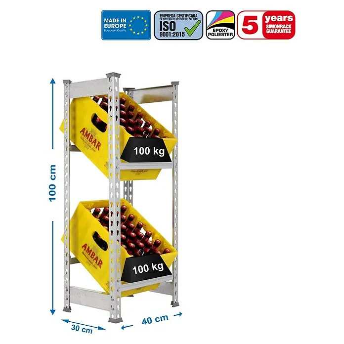 Simonrack Simonbottle Estantería para cajas de bebidas - L x An x Al: 30 x 40 x 100 cm, Capacidad de carga: 100 kg/balda, Número de baldas: 3 ud., Galvanizado - Dibujo técnico