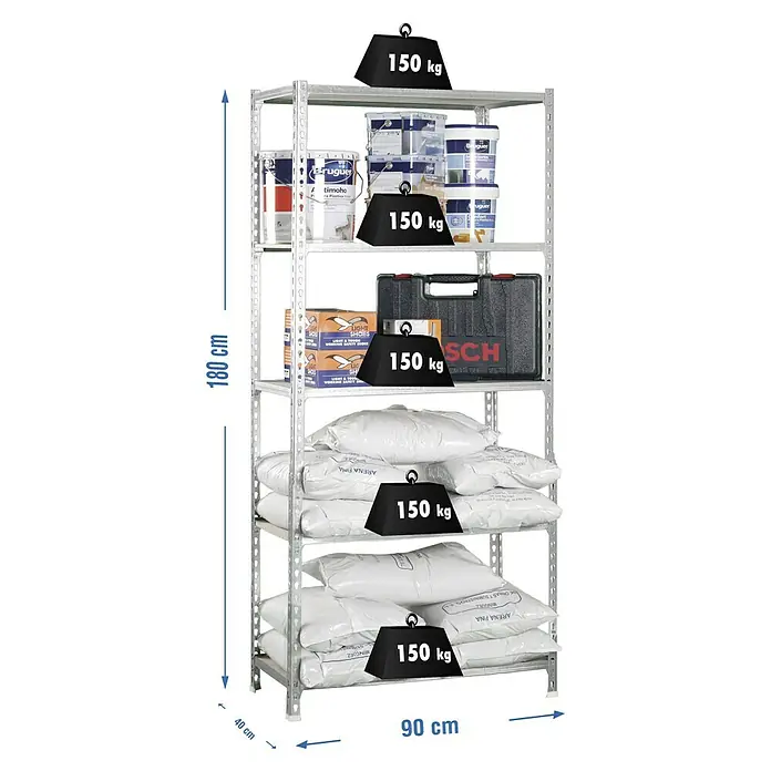 Simonrack Maderclick Metallregal - L x B x H: 40 x 90 x 180 cm, Traglast: 150 kg/Boden, Anzahl Böden: 5 Stk., Stecken, Silber - Skizze