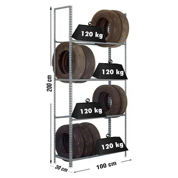 Simonrack Simonauto Metall-Reifenregal Autoclick - L x B x H: 30 x 100 x 200 cm, Traglast: 90 kg/Boden, Anzahl Böden: 4 Stk., Grau - Skizze