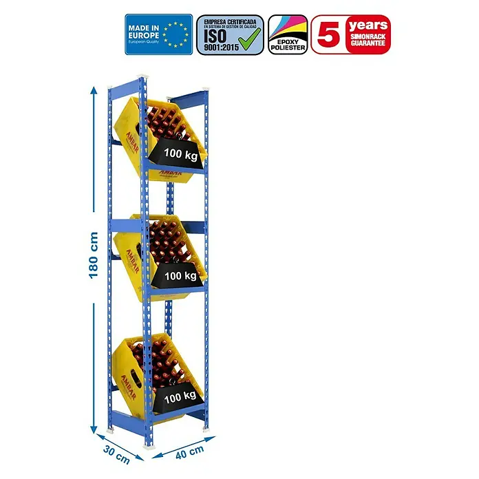 Simonrack Simonbottle Metall-Getränkekistenregal Bottleclick - L x B x H: 30 x 40 x 180 cm, Traglast: 100 kg/Boden, Anzahl Böden: 3 Stk., Weiß - Skizze