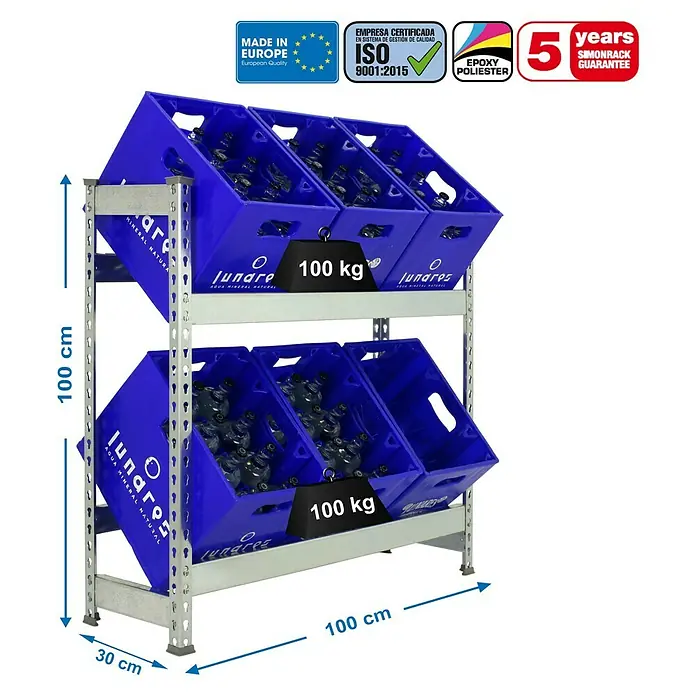 Simonrack Simonbottle Estantería para cajas de bebidas - L x An x Al: 30 x 100 x 100 cm, Capacidad de carga: 100 kg/balda, Número de baldas: 3 ud., Galvanizado - Dibujo técnico