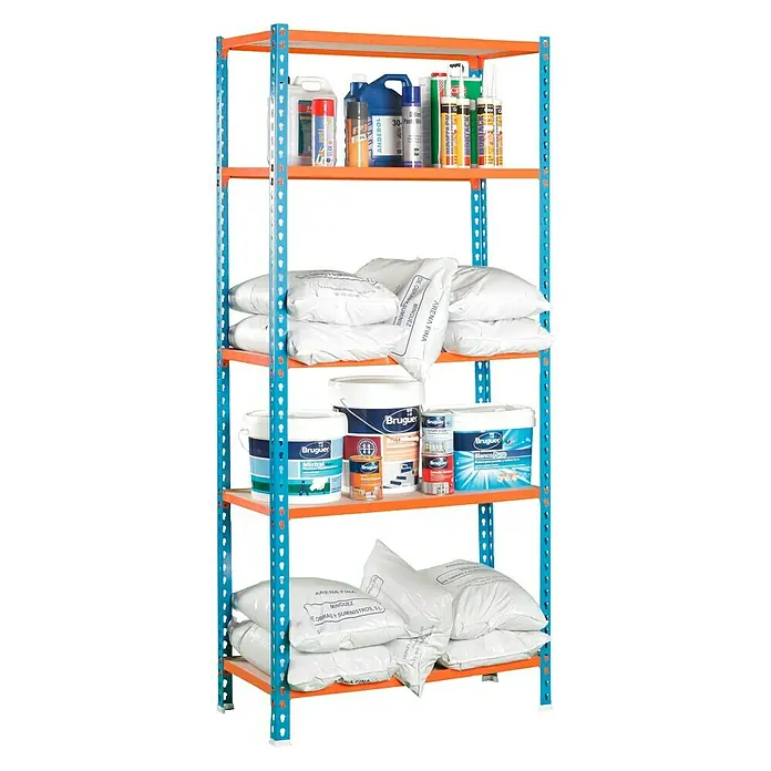 Simonrack Maderclick Estantería metálica Superplus - L x An x Al: 30 x 110 x 200 cm, Capacidad de carga: 200 kg/balda, Número de baldas: 5 ud., Inserción, Azul/Naranja - Producto en uso