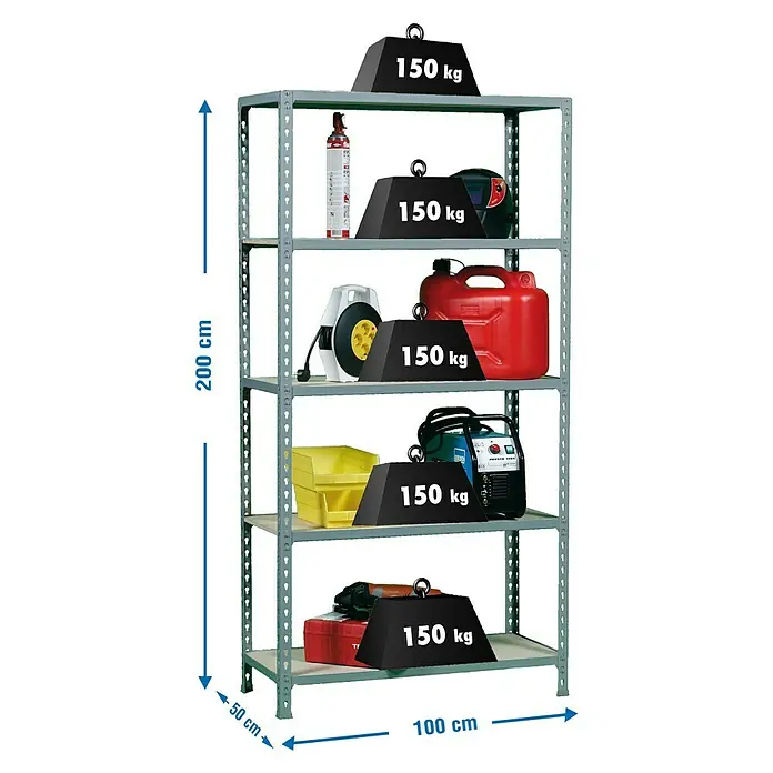 Simonrack Maderclick Metallregal Plus - L x B x H: 50 x 100 x 200 cm, Traglast: 150 kg/Boden, Anzahl Böden: 5 Stk., Stecken, Grau - Skizze