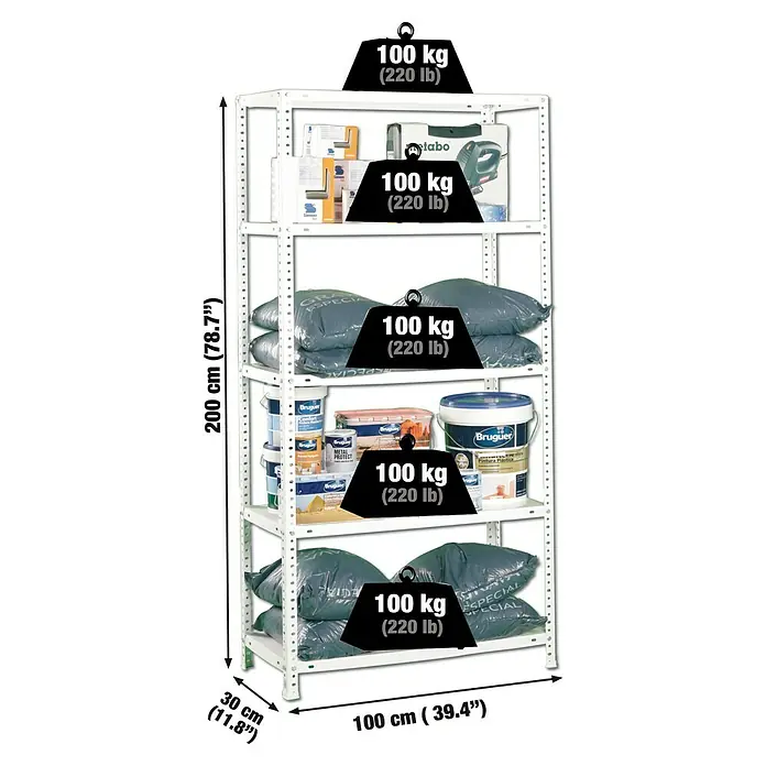 Simonrack Comfort Metallregal - L x B x H: 30 x 100 x 200 cm, Traglast: 100 kg/Boden, Anzahl Böden: 5 Stk., Schrauben, Weiß - Skizze