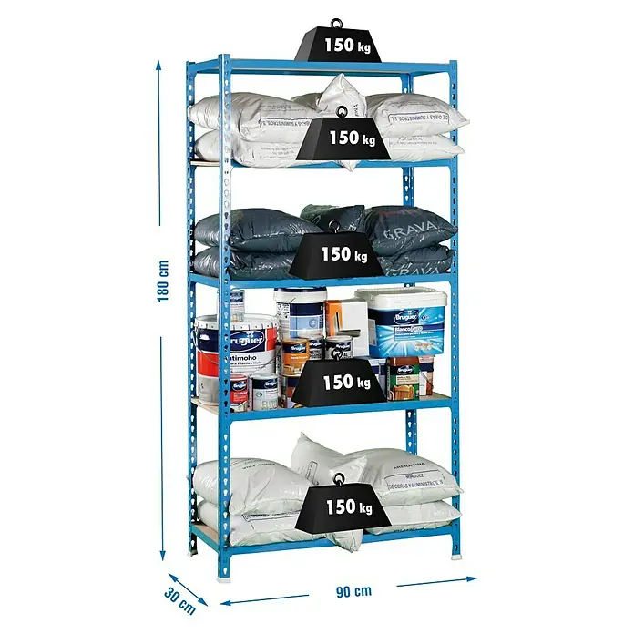Simonrack Maderclick Metallregal - L x B x H: 30 x 90 x 180 cm, Traglast: 150 kg/Boden, Anzahl Böden: 5 Stk., Stecken, Blau - Skizze