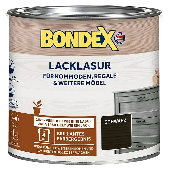 Bondex Lacklasur - Schwarz, 375 ml, Seidenglänzend - Vorderansicht