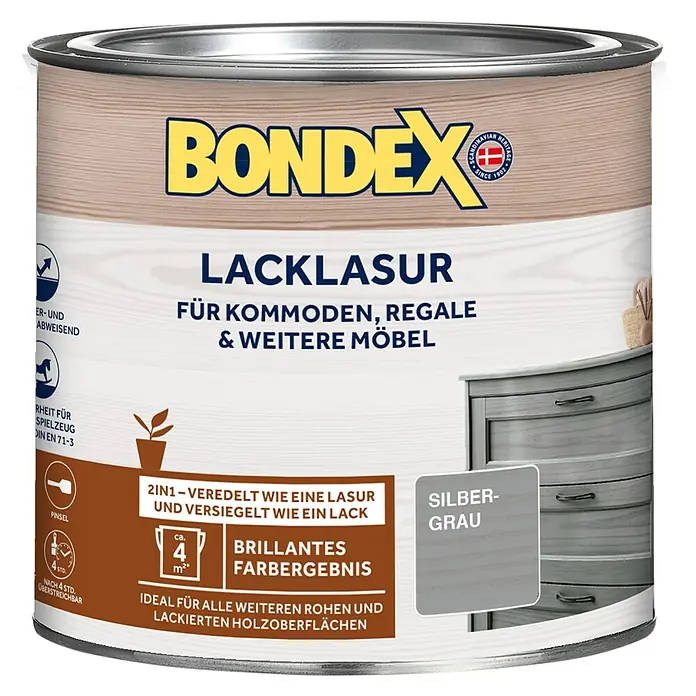 Bondex Lacklasur - Silbergrau, 375 ml, Seidenglänzend - Vorderansicht
