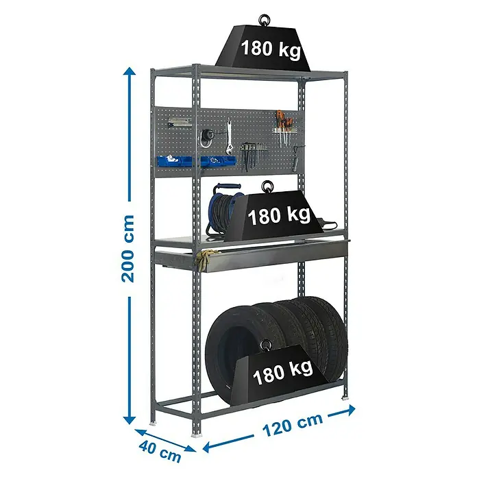 Simonrack Simonracing Metall-Reifenregal Box Plus - L x B x H: 40 x 120 x 200 cm, Traglast: 180 kg/Boden, Anzahl Böden: 3 Stk., Grau - Skizze