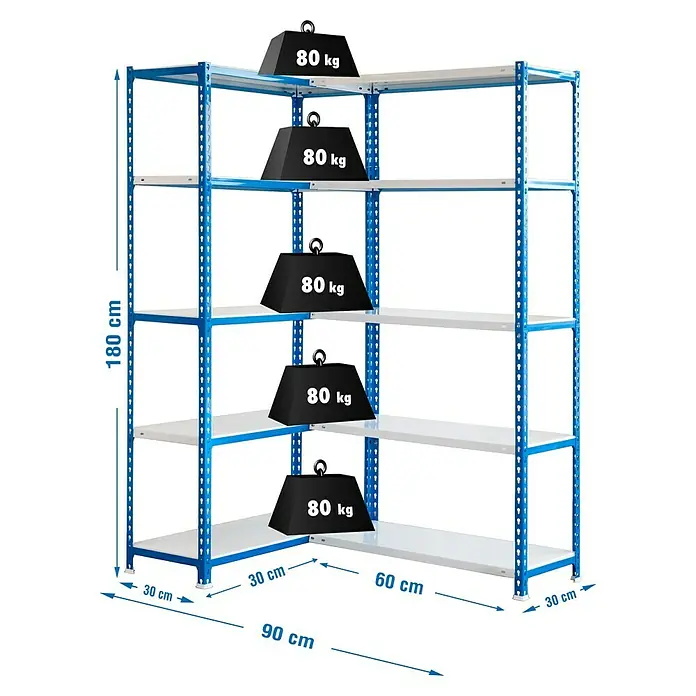 Simonrack Simonclick Metall-Eckregal Simoncorner - L x B x H: 30 x 90 x 180 cm, Traglast: 80 kg/Boden, Anzahl Böden: 10 Stk., Stecken, Blau/Weiß - Skizze