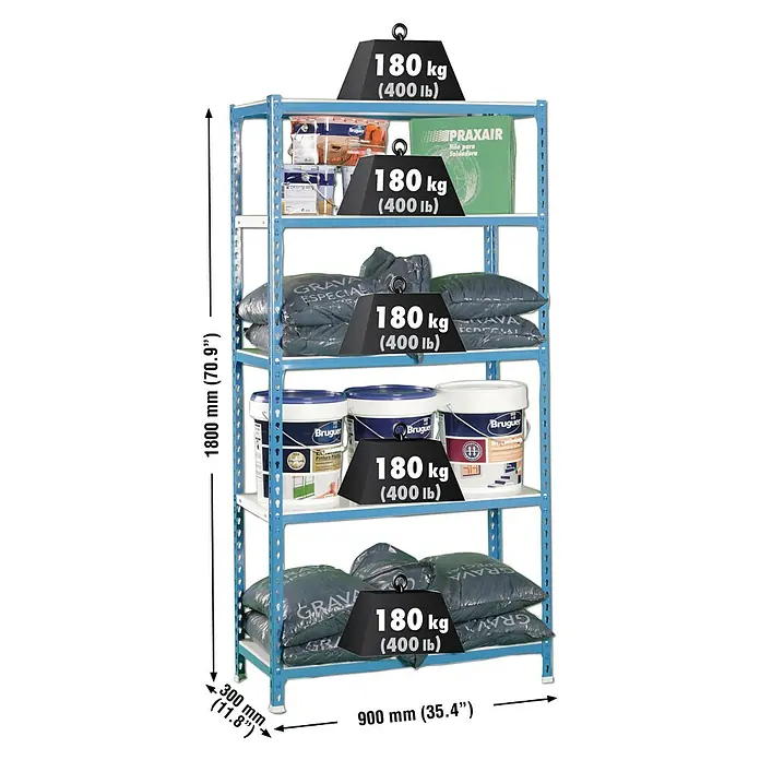 Simonrack Simonclick Metallregal - L x B x H: 30 x 90 x 180 cm, Traglast: 180 kg/Boden, Anzahl Böden: 5 Stk., Stecken, Blau/Weiß - Skizze