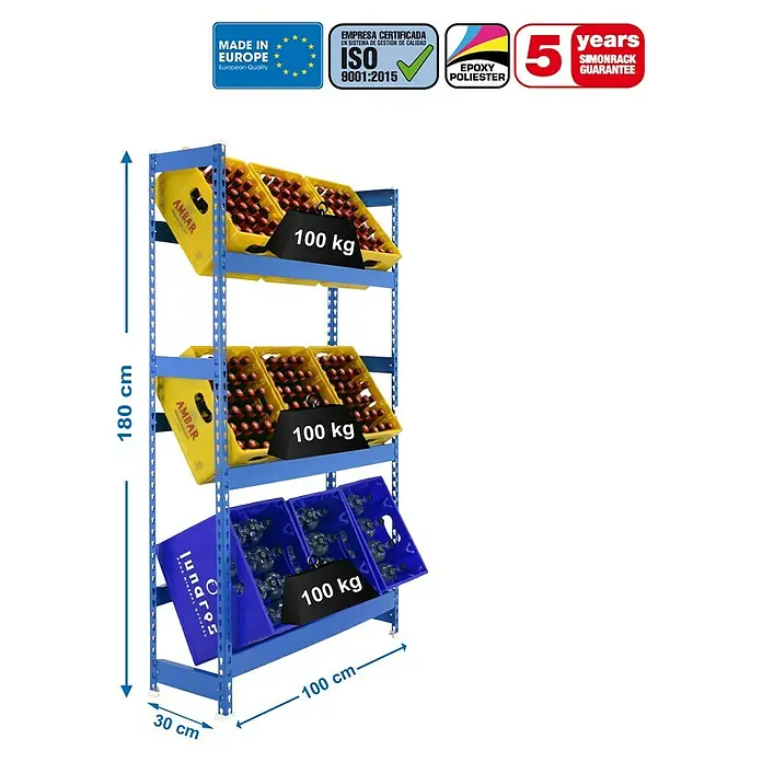 Simonrack Simonbottle Metall-Getränkekistenregal Bottleclick - L x B x H: 30 x 100 x 180 cm, Traglast: 100 kg/Boden, Anzahl Böden: 3 Stk., Weiß - Skizze