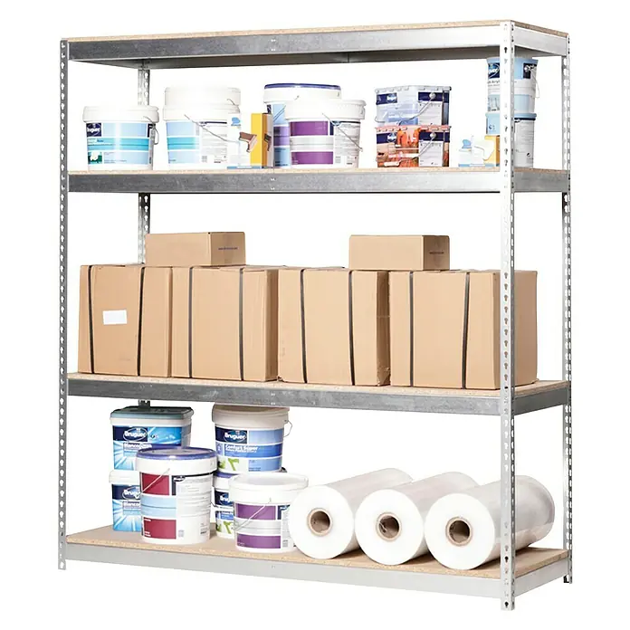 Simonrack Simonforte Estantería para cargas pesadas Chipboard - L x An x Al: 75 x 150 x 200 cm, Capacidad de carga: 600 kg/balda, Número de baldas: 4 ud., Galvanizado - Producto en uso