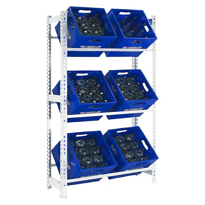 Simonrack Simonbottle Metall-Getränkekistenregal Bottleclick - L x B x H: 30 x 80 x 180 cm, Traglast: 100 kg/Boden, Anzahl Böden: 3 Stk., Weiß - Diagonale Ansicht