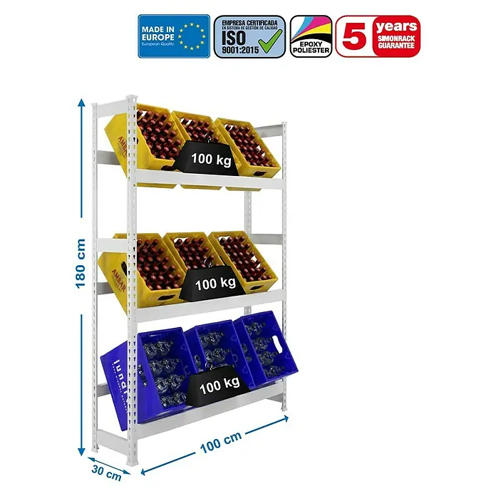 Simonrack Simonbottle Metall-Getränkekistenregal Bottleclick - L x B x H: 30 x 100 x 180 cm, Traglast: 100 kg/Boden, Anzahl Böden: 3 Stk., Weiß - Skizze