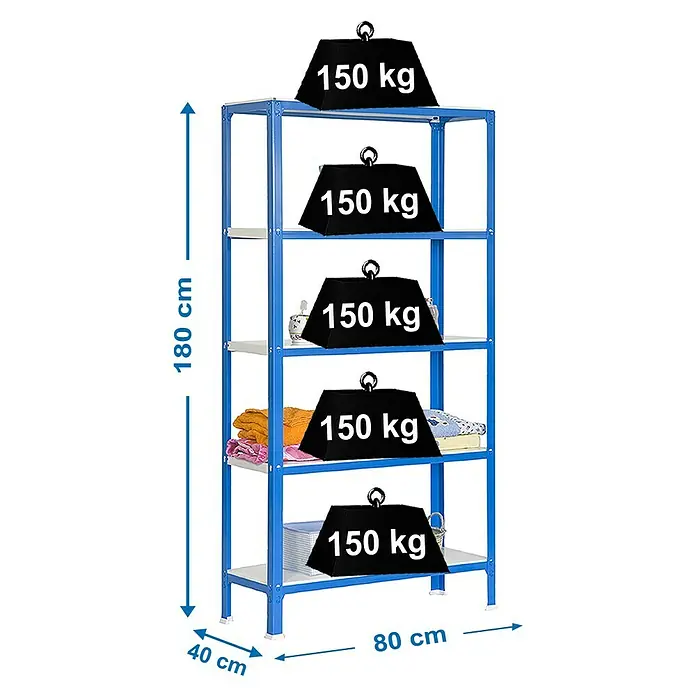 Simonrack Homeclick Metallregal Mini - L x B x H: 40 x 80 x 180 cm, Traglast: 150 kg/Boden, Anzahl Böden: 5 Stk., Blau - Skizze