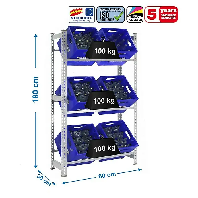 Simonrack Simonbottle Estantería para cajas de bebidas - L x An x Al: 30 x 80 x 180 cm, Capacidad de carga: 100 kg/balda, Número de baldas: 3 ud., Galvanizado - Dibujo técnico