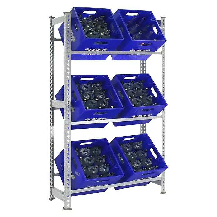 Simonrack Simonbottle Estantería para cajas de bebidas - L x An x Al: 30 x 80 x 180 cm, Capacidad de carga: 100 kg/balda, Número de baldas: 3 ud., Galvanizado - Producto en uso