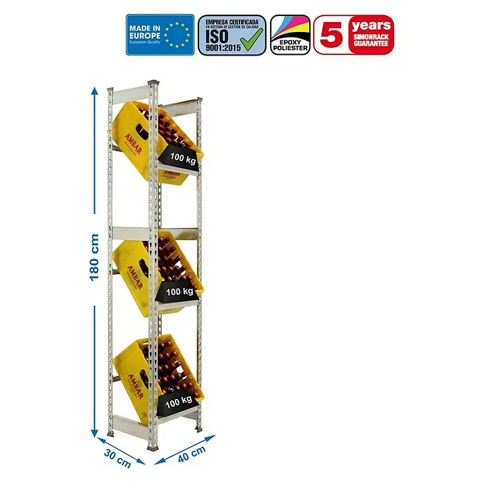 Simonrack Simonbottle Estantería para cajas de bebidas - L x An x Al: 30 x 40 x 180 cm, Capacidad de carga: 100 kg/balda, Número de baldas: 3 ud., Galvanizado - Dibujo técnico