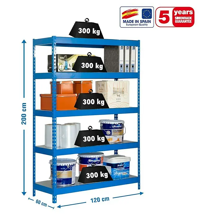 Simonrack Bricoforte Metall-Schwerlastregal - L x B x H: 60 x 120 x 200 cm, Traglast: 300 kg/Boden, Anzahl Böden: 5 Stk., Blau, Material Boden: Metall - Skizze
