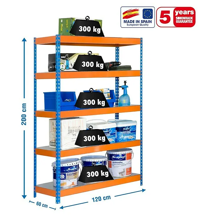 Simonrack Bricoforte Metall-Schwerlastregal - L x B x H: 60 x 120 x 200 cm, Traglast: 300 kg/Boden, Anzahl Böden: 5 Stk., Blau/Orange, Material Boden: Metall - Skizze