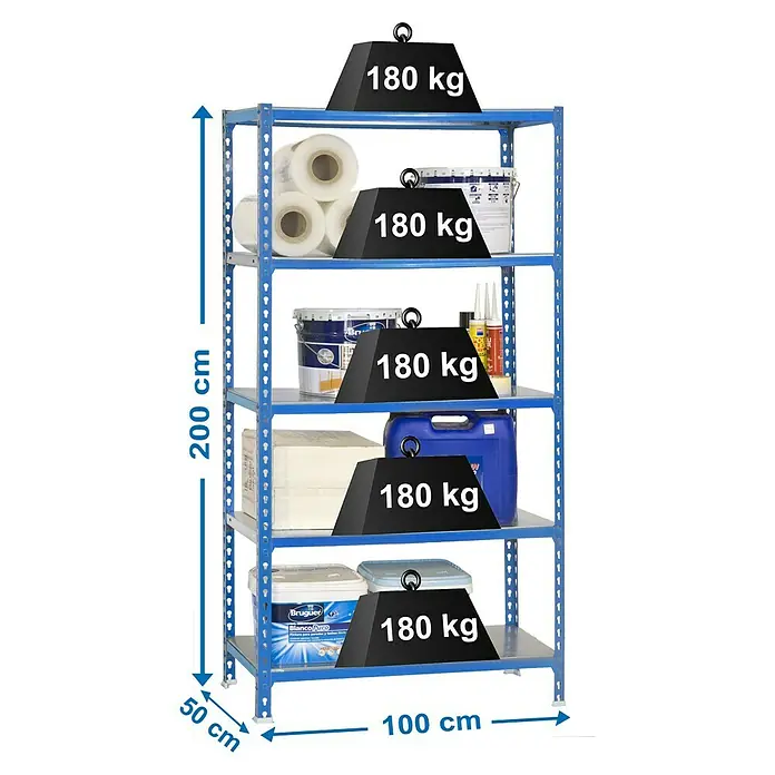 Simonrack Simonclick Metallregal Plus - L x B x H: 50 x 100 x 200 cm, Traglast: 180 kg/Boden, Anzahl Böden: 5 Stk., Stecken, Blau - Skizze