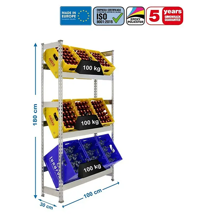 Simonrack Simonbottle Estantería para cajas de bebidas - L x An x Al: 30 x 100 x 180 cm, Capacidad de carga: 100 kg/balda, Número de baldas: 3 ud., Galvanizado - Dibujo técnico