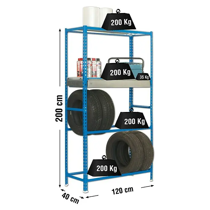 Simonrack Simongarage Metall-Reifenregal Box Plus - L x B x H: 40 x 120 x 200 cm, Traglast: 200 kg/Boden, Anzahl Böden: 4 Stk., Stecken, Blau - Skizze